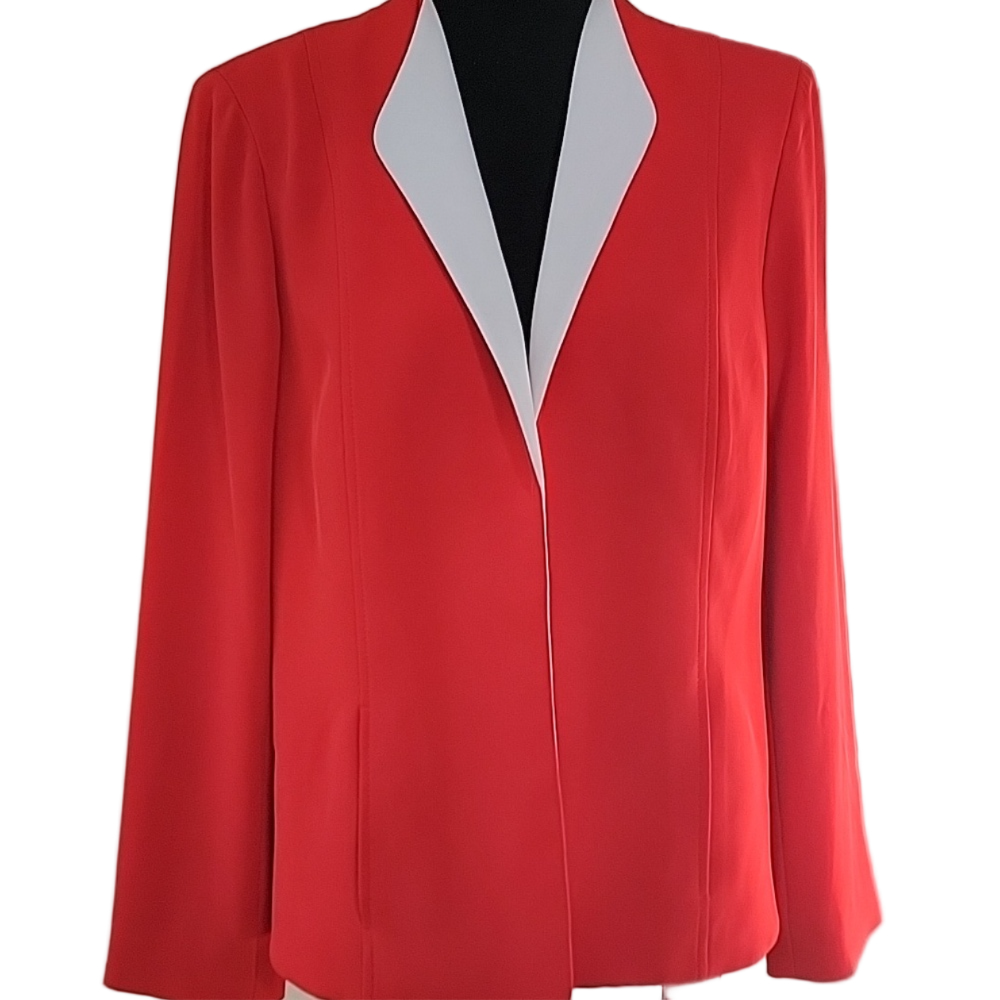Jones New York March Red Coral Blazer with White Collar Size 12 EUC